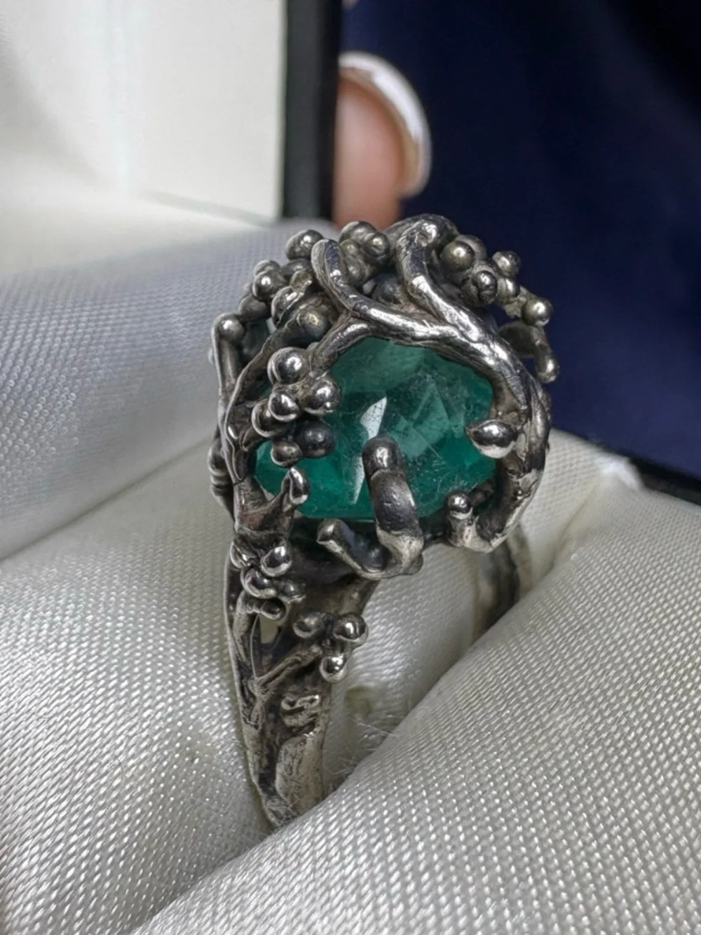 Ring Artisan Sterling Silver Cage Gorgeous Kashmir Emerald Gemstone
